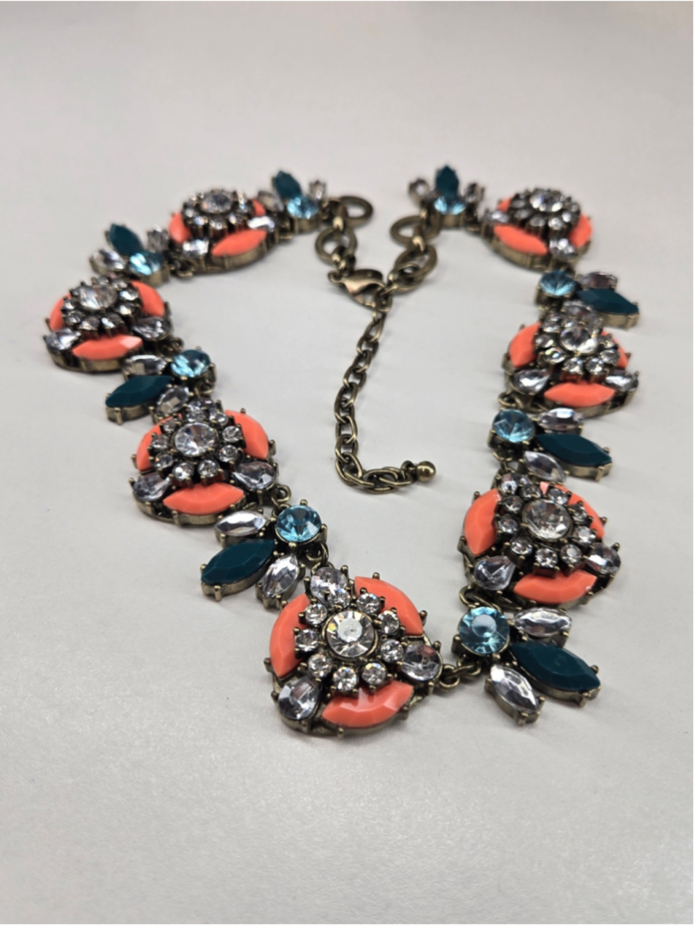 Vintage Joan Rivers Statement Necklace Orange Teal Glass Crystals Luxury Floral - Picture 6 of 11